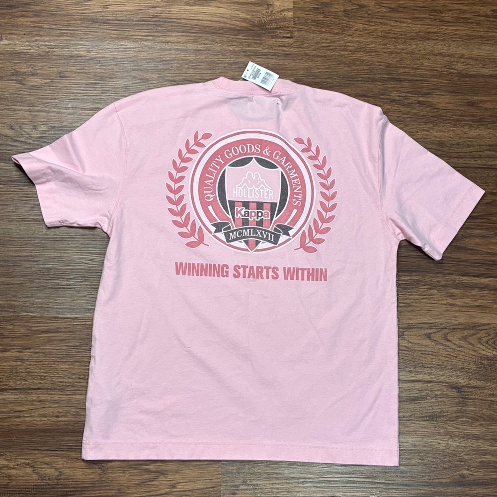 Hollister x Kappa T Shirt Mens M Pink Boxy Fit Soccer Crest Graphic NWT